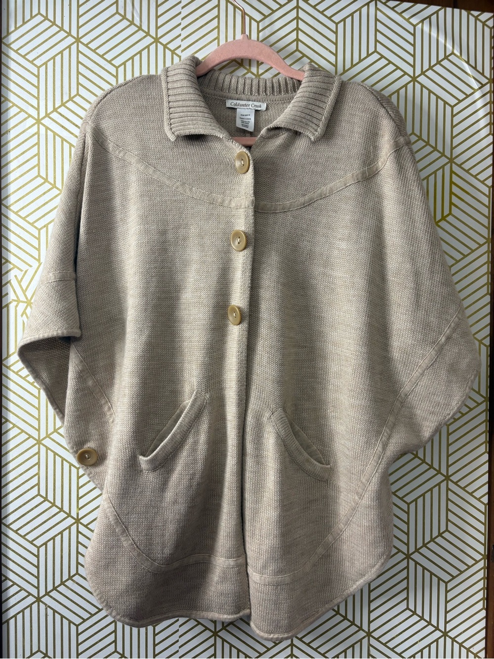 Coldwater Creek Taupe Button-Front Knit Cape one size